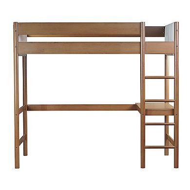 Whisen Twin Size Loft Bed with Desk, Upholstered Headboard, Ladder and Safety Guardrails Natural