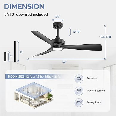 52-Inch Ceiling Fan with LED Light, 3 ABS Blades, DC Motor 120V 37W, IP34 Waterproof