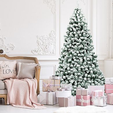 Costway 7.5Ft Pre-Lit Premium Snow Flocked Hinged Artificial Christmas Tree w/550 Lights