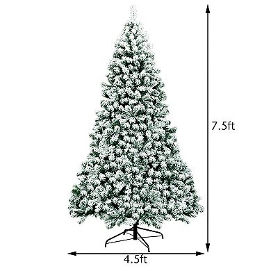 Costway 7.5Ft Pre-Lit Premium Snow Flocked Hinged Artificial Christmas Tree w/550 Lights