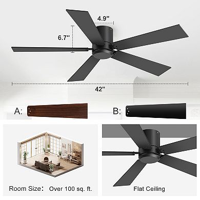 42-Inch Flush Mount Ceiling Fan 2-Pack, No Light, Reversible Dual-Color Blades, Remote Control