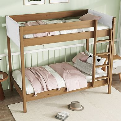 Whisen Twin Over Twin Bunk Bed with Upholstered Headboard, Ladder, and Safety Guardrails Natural