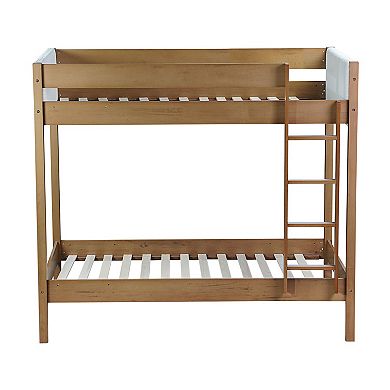 Whisen Twin Over Twin Bunk Bed with Upholstered Headboard, Ladder, and Safety Guardrails Natural
