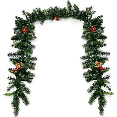 Costway 9Ft Pre-lit Artificial Christmas Garland Red Berries w/ 100 LED Lights & Timer