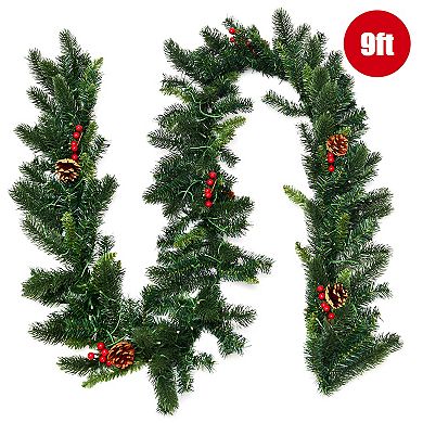 Costway 9Ft Pre-lit Artificial Christmas Garland Red Berries w/ 100 LED Lights & Timer