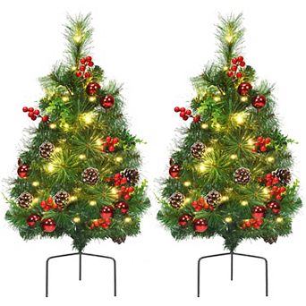 Costway Set of 2 Pre-lit Christmas Trees 24 in Battery Powered Pathway Outdoor Decoration