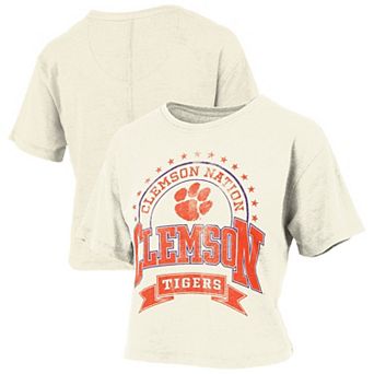 Women's Pressbox Natural Clemson Tigers Vintage Wash Waist-Length T-Shirt