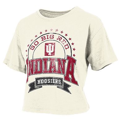Women's Pressbox Natural Indiana Hoosiers Vintage Wash Waist-Length T-Shirt
