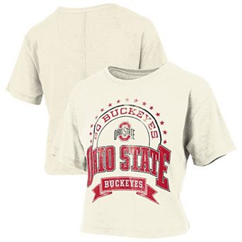 Women's Pressbox Natural Ohio State Buckeyes Vintage Wash Waist-Length T-Shirt