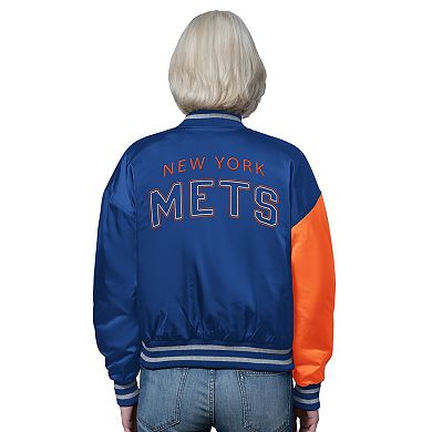 Women's Starter Royal/Orange New York Mets Offside Cropped Full-Snap Varsity Jacket