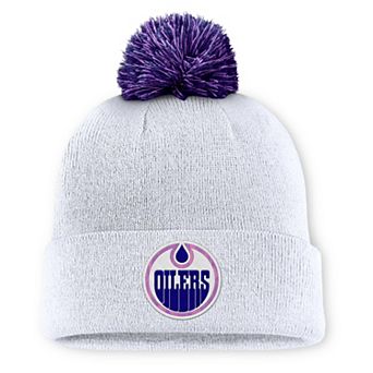 Men's Fanatics White Edmonton Oilers Authentic Pro Hockey Fights Cancer Cuffed Knit Hat with Pom
