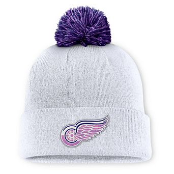 Men's Fanatics White Detroit Red Wings Authentic Pro Hockey Fights Cancer Cuffed Knit Hat with Pom
