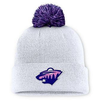 Men's Fanatics White Minnesota Wild Authentic Pro Hockey Fights Cancer Cuffed Knit Hat with Pom