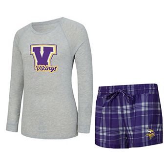 Women's Concepts Sport Heather Gray/Purple Minnesota Vikings Regulate Plaid Long-Sleeve T-Shirt & Shorts Sleep Set