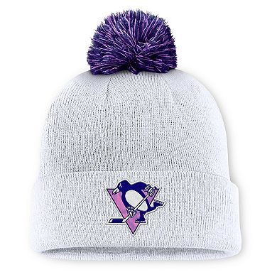 Men's Fanatics White Pittsburgh Penguins Authentic Pro Hockey Fights Cancer Cuffed Knit Hat with Pom