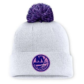 Men's Fanatics White New York Islanders Authentic Pro Hockey Fights Cancer Cuffed Knit Hat with Pom