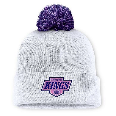 Men's Fanatics White Los Angeles Kings Authentic Pro Hockey Fights Cancer Cuffed Knit Hat with Pom