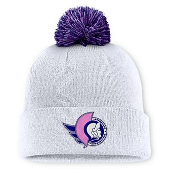 Men's Fanatics White Ottawa Senators Authentic Pro Hockey Fights Cancer Cuffed Knit Hat with Pom