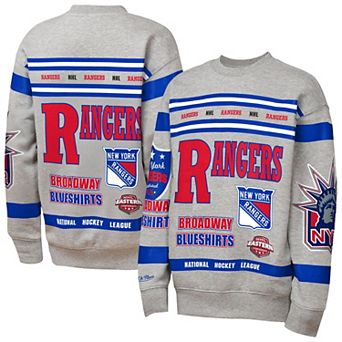 Youth Mitchell & Ness Heather Gray New York Rangers Allover Print Fleece Crewneck Sweatshirt