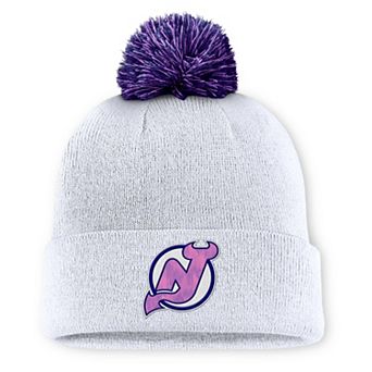 Men's Fanatics White New Jersey Devils Authentic Pro Hockey Fights Cancer Cuffed Knit Hat with Pom