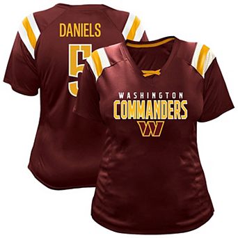 Women's Fanatics Jayden Daniels Burgundy Washington Commanders Plus Size Name & Number Raglan Lace V-Neck T-Shirt