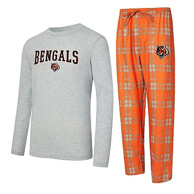 Men's Concepts Sport Orange/Heather Gray Cincinnati Bengals Regulate Long Sleeve T-Shirt and Plaid Pant Set