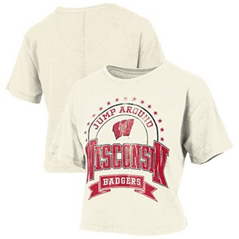 Women's Pressbox Natural Wisconsin Badgers Vintage Wash Waist-Length T-Shirt