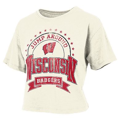 Women's Pressbox Natural Wisconsin Badgers Vintage Wash Waist-Length T-Shirt