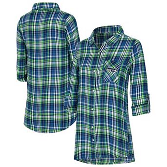 Women's Concepts Sport College Navy Seattle Seahawks Laney Plaid Tri-Blend Full-Button Nightshirt