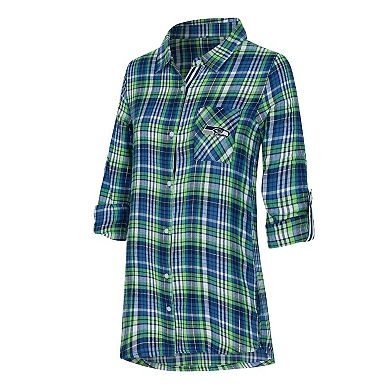Women's Concepts Sport College Navy Seattle Seahawks Laney Plaid Tri-Blend Full-Button Nightshirt