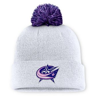 Men's Fanatics White Columbus Blue Jackets Authentic Pro Hockey Fights Cancer Cuffed Knit Hat with Pom