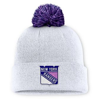 Men's Fanatics White New York Rangers Authentic Pro Hockey Fights Cancer Cuffed Knit Hat with Pom