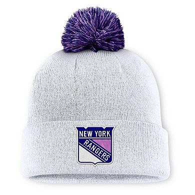 Men's Fanatics White New York Rangers Authentic Pro Hockey Fights Cancer Cuffed Knit Hat with Pom