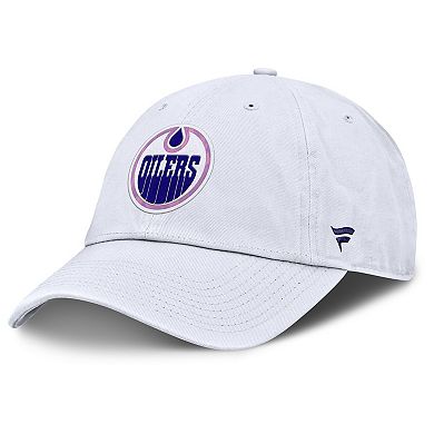 Men's Fanatics White Edmonton Oilers Authentic Pro Hockey Fights Cancer Adjustable Hat