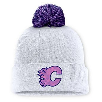 Men's Fanatics White Calgary Flames Authentic Pro Hockey Fights Cancer Cuffed Knit Hat with Pom