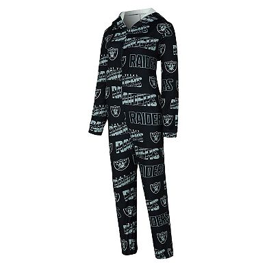 Women's Concepts Sport Black Las Vegas Raiders Roadway Allover Print Microfleece Full-Zip Union Suit