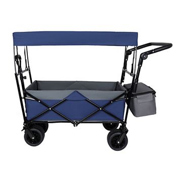 LOVMOR 480Lbs Collapsible Wagon with Canopy Push Handle 7 Wheels Dark Blue Camping Shopping