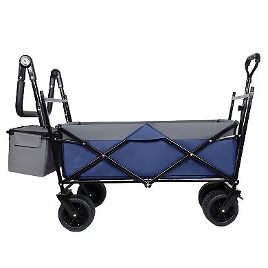 LOVMOR 480Lbs Collapsible Wagon with Canopy Push Handle 7 Wheels Dark Blue Camping Shopping
