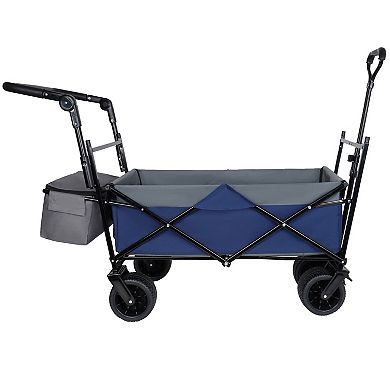LOVMOR 480Lbs Collapsible Wagon with Canopy Push Handle 7 Wheels Dark Blue Camping Shopping