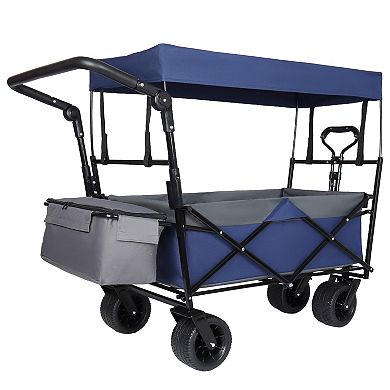 LOVMOR 480Lbs Collapsible Wagon with Canopy Push Handle 7 Wheels Dark Blue Camping Shopping