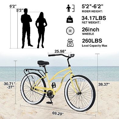 LOVMOR Women's 26 Inch Single Speed Beach Cruiser Steel Frame Wide Wheels