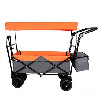 LOVMOR 480Lbs Collapsible Wagon with Canopy Push Handle 7 Wheels Orange Camping Shopping