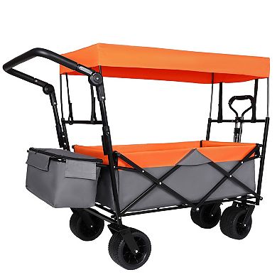 LOVMOR 480Lbs Collapsible Wagon with Canopy Push Handle 7 Wheels Orange Camping Shopping