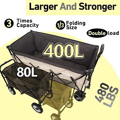 LOVMOR 51inch Foldable Utility Wagon 480lbs 7 All-Terrain Wheels No Assembly Khaki Gray