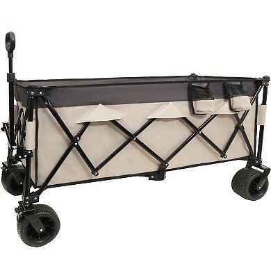 LOVMOR 51inch Foldable Utility Wagon 480lbs 7 All-Terrain Wheels No Assembly Khaki Gray