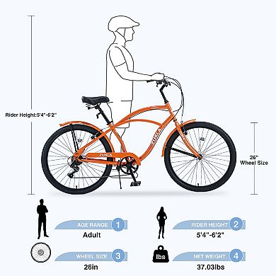 LOVMOR Men's 26 Inch Beach Cruiser Bike 7 Speed Multi Colors