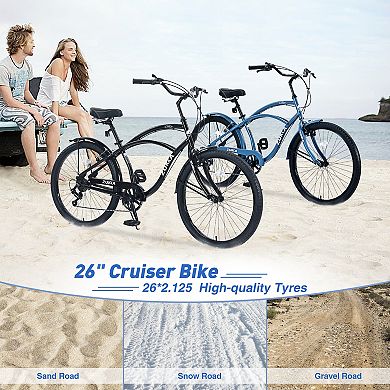 LOVMOR 26 Inch Beach Cruiser Bike 7 Speed Multi Colors