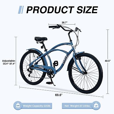LOVMOR 26 Inch Beach Cruiser Bike 7 Speed Multi Colors
