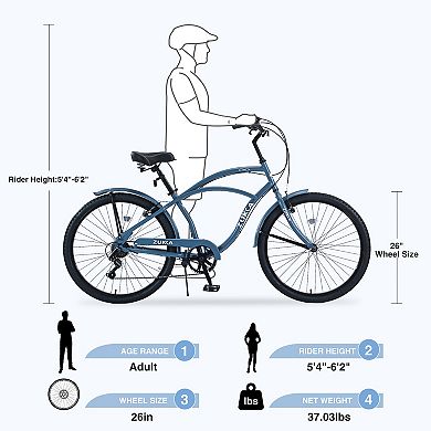 LOVMOR 26 Inch Beach Cruiser Bike 7 Speed Multi Colors
