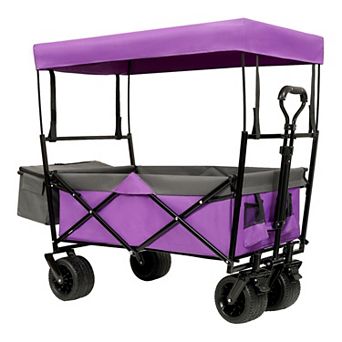 LOVMOR 480Lbs Collapsible Wagon with Canopy 7 Wheels Purple with Mosquito Net Camping